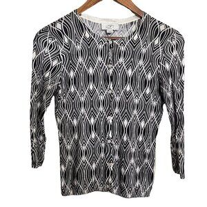 Ann Taylor Loft Women's White Black Y2K Art Deco Cropped Cardigan Sweater XSP